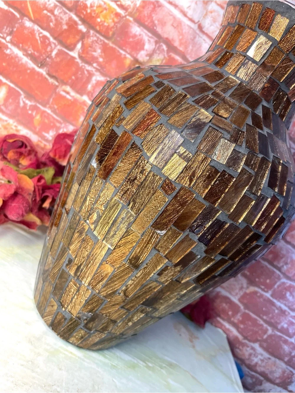 Vintage Three Hands Corp Large Gold Mosaic Statement Urn Vase